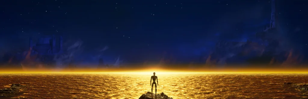 Offizielles breites Artwork zu The Talos Principle 3 mit einer rätselhaften futuristischen Landschaft.