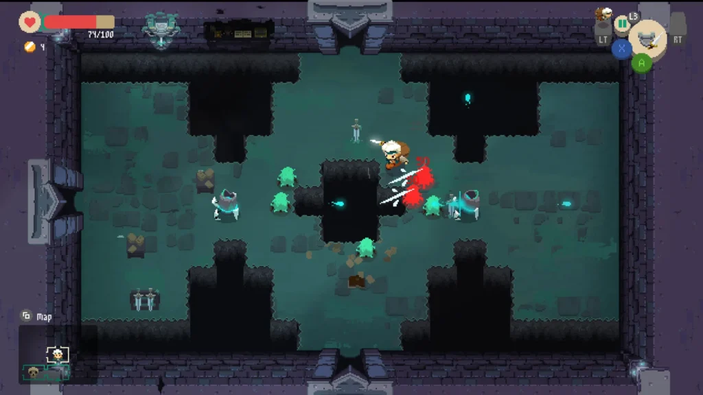 Will bekämpft Gegner in einem Moonlighter-Dungeon.