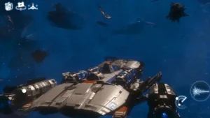 Offizielle iPhone-Aufnahme von No Man's Sky: Raumschiff und eingeblendete Touch-Flugsteuerung.