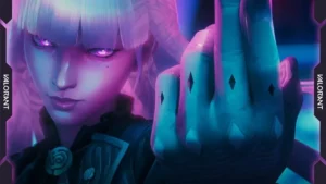 Hush mit violett leuchtenden Augen und erhobener Hand im offiziellen VALORANT-Ankündigungsmotiv.