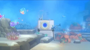 Ein blaues Unterwasserportal auf dem fremden Meeresboden mit leuchtenden Kreaturen aus dem Subnautica-2-Crossover von DAVE THE DIVER