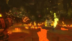 Hytale Chapter I: In der Deepworks-Arena versperren Feuer und Lavagruben den Weg zum Boss.