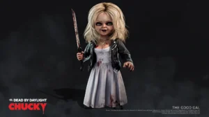 Chucky und Tiffany aus Dead by Daylight vor dunklem Hintergrund