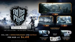 Offizielle Spielszenenansicht aus Frostpunk mit der verschneiten Stadt um den Wärmegenerator.