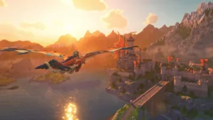 Rider fliegt auf seinem Rathalos über die Küste zur Burg aus Monster Hunter Stories 3.