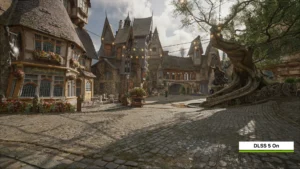 Hogsmeade in Hogwarts Legacy im offiziellen NVIDIA-Vergleich mit aktiviertem DLSS 5.