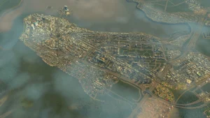Offizielle Luftaufnahme einer ausgedehnten Küstenstadt aus Cities: Skylines Expanded Edition für Nintendo Switch 2.