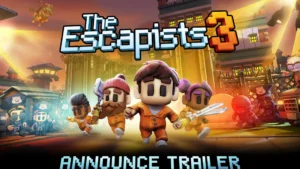 Mehrere Comicfiguren vor Gefängnisanlagen in einer 3D-Szene des offiziellen Ankündigungstrailers zu The Escapists 3.