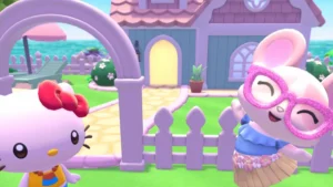 Hello Kitty und Sanrio-Freunde vor neuen Wohnhäusern im Welcome-Home-Update zu Hello Kitty Island Adventure.