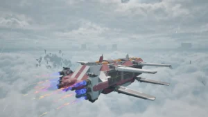 Offizielle ATMOSFAR-Spielszene auf dem Planeten Tycos mit einem Wasp-Fluggerät zwischen schwebenden Inseln.