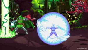 Offizieller Gameplay-Screenshot aus MARVEL Cosmic Invasion: The Siege of Castle Doom im farbigen Pixel-Art-Stil.