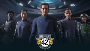 Figuren der UEE-Besatzung aus Squadron 42 vor dem Emblem des Spiels