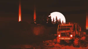 Ein schwerer Geländelastwagen steht in Prospice auf einem felsigen Weg unter einem hellen Mond und roten Lichtstrahlen.