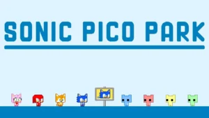 Offizielle Gameplay-Szene aus SONIC PICO PARK mit mehreren Figuren in einem zweidimensionalen Kooperationslevel.