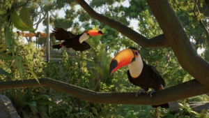 Offizielle Spielaufnahme mit Tiergehegen und gestalteter Umgebung aus Planet Zoo 2