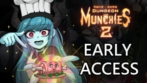 Eine blauhaarige Köchin mit Kochmütze hält ein groteskes Gericht auf dem offiziellen Early-Access-Motiv von Dungeon Munchies 2.