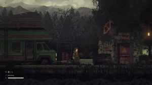 Offizielle Spielszene aus dem pixelgrafischen Endzeit-Horror The Road of Dust and Sorrow.