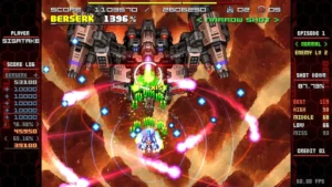 Offizieller Spielausschnitt aus DEVIL BLADE REBOOT. Ein Raumschiff feuert auf einen massiven mechanischen Boss. Grelle Schüsse und die Berserk-Anzeige füllen den Bildschirm.