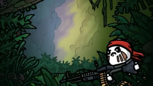 Brotato mit rotem Stirnband und Maschinengewehr vor dem prähistorischen Dschungel der Erweiterung Primal Dread.