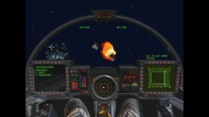 Weltraumkampf aus der Originalfassung von Wing Commander III: ein Raumjäger wird durch das Cockpitvisier bei einer Explosion gezeigt.