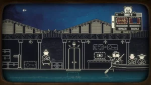 Pixelgrafische Arcade-Spielwelt aus Pony Island 2 mit Panda-Symbol, Figuren und Bootsreise.
