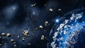Offizielle SEEDS-Weltraumillustration: Asteroiden vor einem blauen Planeten, der in der Terraforming-Sandbox umgestaltet werden soll.