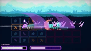 Offizieller Chivalware-Gameplay-Screenshot mit der Spielfigur auf einem farbigen Kampfraster.