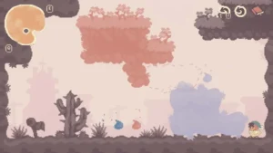Colorbound zeigt eine pastellfarbene Landschaft mit Farbflächen und einer kleinen Spielfigur.