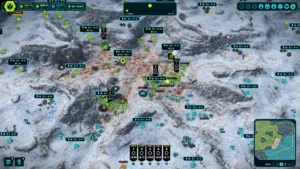 Gameplay aus Ashes of the Singularity II: zahlreiche Einheiten auf einer verschneiten Schlachtkarte.