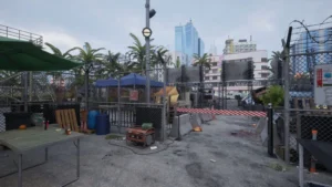 Miami Zero zeigt einen abgesperrten Kontrollpunkt in einer von Palmen gesäumten Straße von Miami.