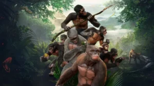 Eine Gruppe früher Homininen bewegt sich durch die prähistorische Natur, zu sehen auf einem offiziellen Motiv für Ancestors: The Humankind Odyssey.