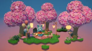 Ein türkisfarbener Hase sitzt zwischen blühenden Kirschbäumen an einem Picknickplatz in Hokko Spaces.