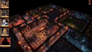 Ein Fantasy-Verlies aus HeroQuest: Digital Edition in der Draufsicht mit vier Helden und dem Gegenspieler Zargon.