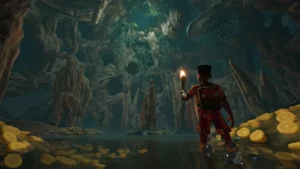 Eine Spielfigur mit Fackel steht im dunklen Höhlensystem des neuen Holzstapel-Gebiets in Grounded 2.