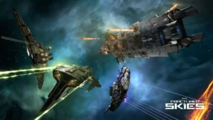 Vier Navy-Angriffs-Schlachtkreuzer schweben vor einem Nebel im Weltraum von EVE Online.