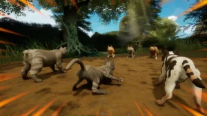 Eine Szene aus Warrior Cats: Clans of the Forest mit Kriegerkatzen in den See-Territorien.