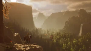 Reiter auf einer Anhöhe vor dem weiten Tal der Spielwelt von The Legend of California.
