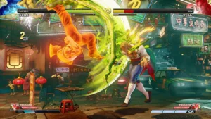 Guile und Vega kämpfen auf einer nächtlichen Straße in Street Fighter V.