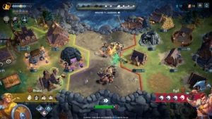 Spielszene aus Northgard Battlegrounds mit einer Wikingersiedlung und den vorbereiteten Kriegern.