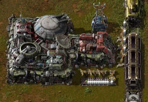 Eine Factorio-Landestelle mit Entladebuchten, Greifarmen, Förderbändern und einem Zug