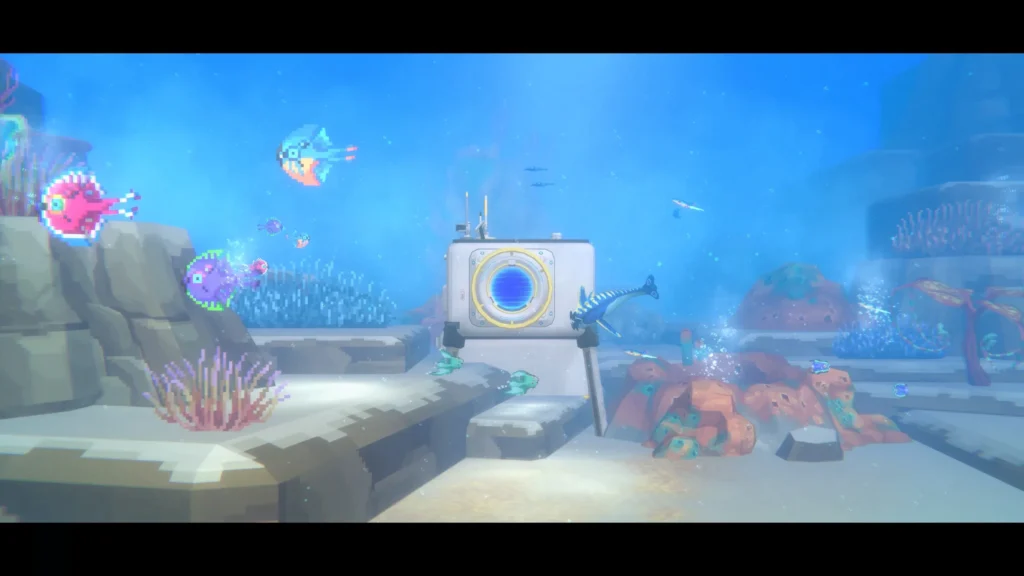 Ein blau leuchtendes Unterwasserportal inmitten fremdartiger Meeresbewohner aus dem Subnautica-2-Crossover