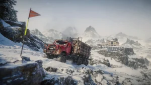 Ein roter Lastwagen fährt auf einem verschneiten Alpenhang, im Hintergrund steht eine Sternwarte.