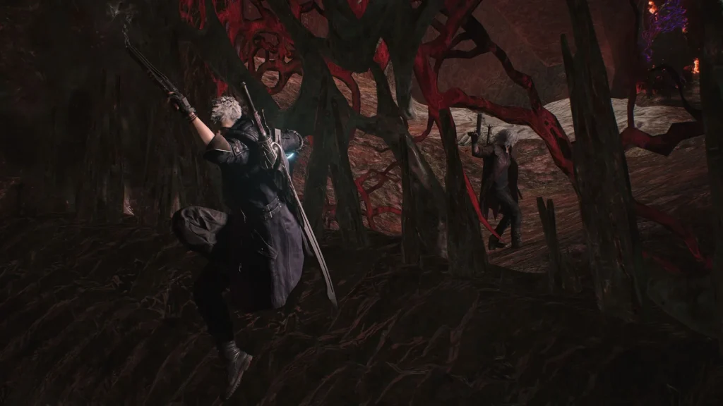 Gameplay-Aufnahme aus Devil May Cry 5 mit Kämpfen in einer dämonischen Umgebung.