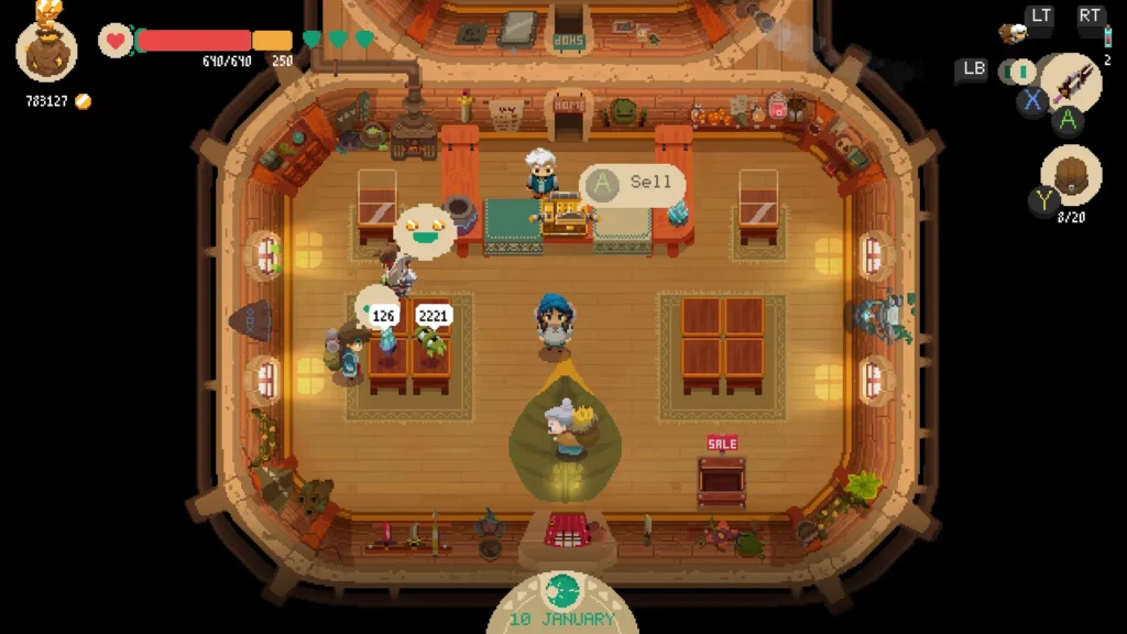 Moonlighter-Laden mit Verkaufsständen und Kundschaft.
