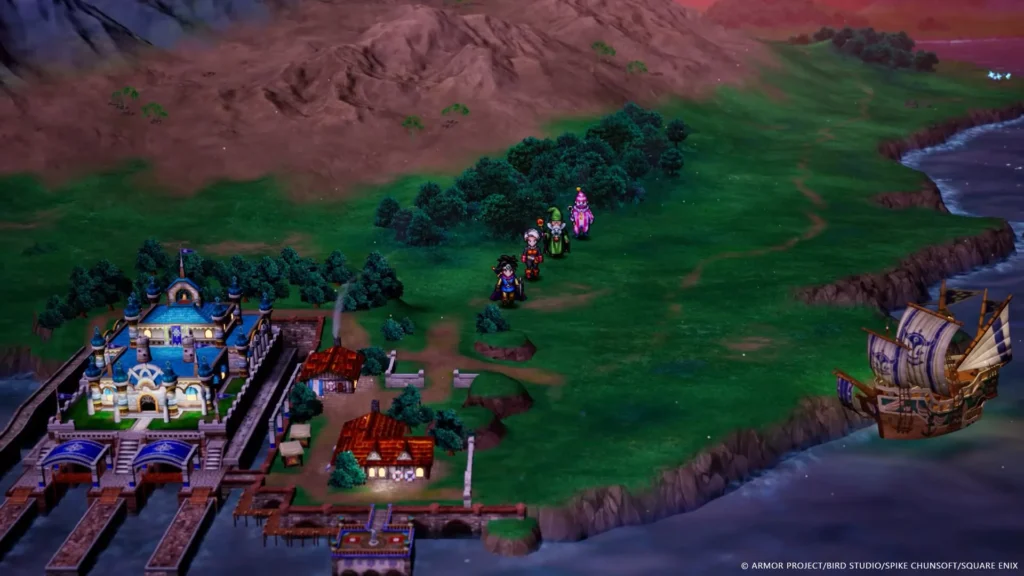 In Dragon Quest III HD-2D Remake zieht die Gruppe über grüne Hügel zwischen einer Hafenstadt und einem Segelschiff.