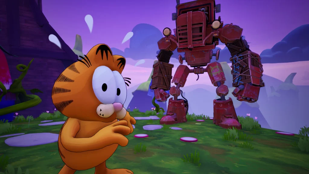 Garfield weicht vor einem großen roten Robotergegner in einer violetten Traumlandschaft zurück.