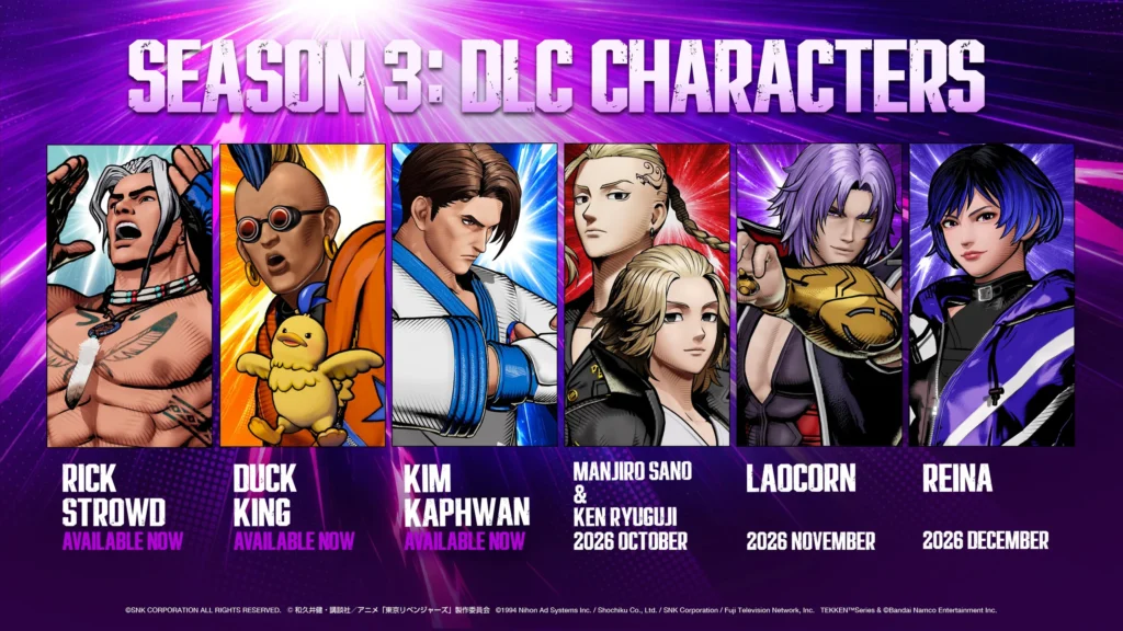 Offizielle SNK-Übersicht zu sieben Kämpfern der dritten DLC-Staffel, darunter Reina aus Tekken 8