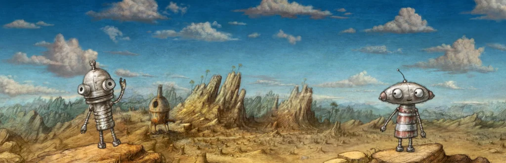 Josef und Berta in einer handgezeichneten, kargen Felsenlandschaft vor einem blauen Himmel