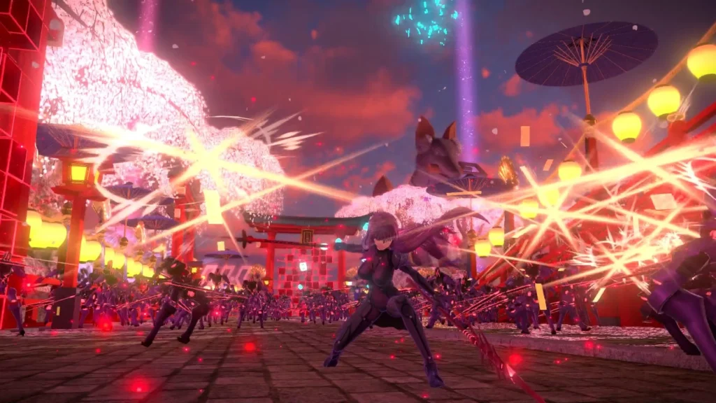 Kampfsequenz aus Fate/EXTELLA LINK in einer großen Arena.