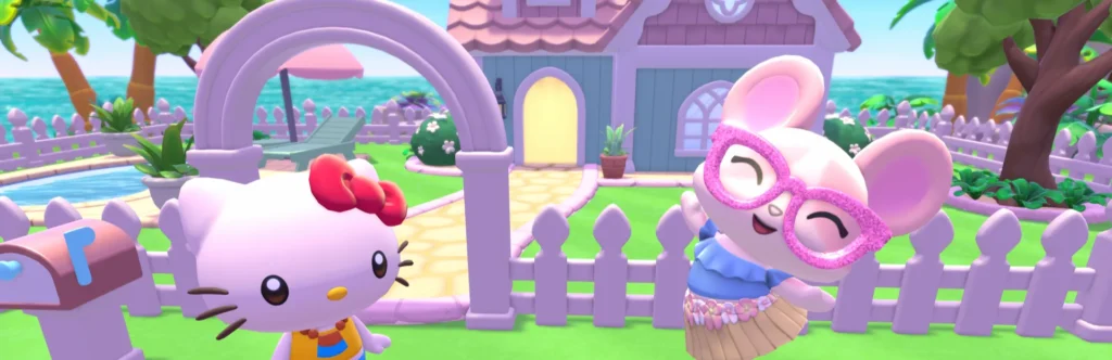Hello Kitty und weitere Sanrio-Figuren vor einem neu gestalteten Wohnhaus in der Welcome-Home-Ankündigung.